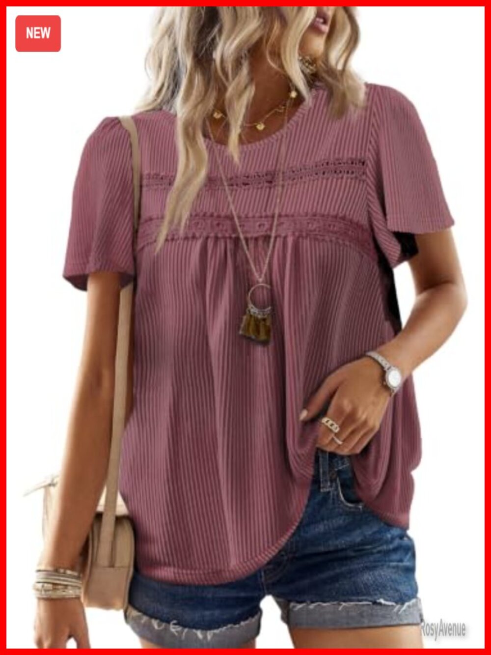 Womens Boho Ribbed Crochet Short Sleeve Tunic Top Loose Fit